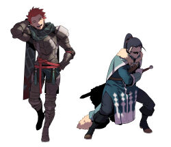 Rule 34 | 2boys, absurdres, aqua cape, aqua tunic, arm behind head, arm up, armor, armored legwear, black pants, breastplate, cape, commentary request, felix hugo fraldarius, fighting stance, fire emblem, fire emblem: three houses, fire emblem warriors: three hopes, full body, fur-trimmed cape, fur trim, green scarf, highres, holding, holding sword, holding weapon, korean commentary, male focus, multiple boys, nintendo, no pupils, open mouth, orange hair, pants, partially shaded face, pauldrons, ponytail, red sash, redlhzz, sash, scarf, shoulder armor, simple background, sleeve cuffs, smile, spiked hair, sword, sylvain jose gautier, tassel, teeth, tunic, upper teeth only, weapon, white background, white fur