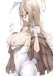Rule 34 | 1girl, akane (blue archive), akane (bunny) (blue archive), animal ears, bare shoulders, blue archive, blue bow, blue bowtie, bow, bowtie, breasts, breasts out, brown eyes, brown hair, brown jacket, cowboy shot, detached collar, fake animal ears, from side, glasses, gloves, halo, highres, jacket, large breasts, leotard, long hair, looking at viewer, mitsuru (pixiv 34028718), nipples, off shoulder, official alternate costume, pantyhose, parted lips, plaid, plaid jacket, playboy bunny, rabbit ears, rabbit tail, sideways glance, simple background, solo, standing, strapless, strapless leotard, tail, wardrobe malfunction, white background, white gloves, white leotard, white pantyhose