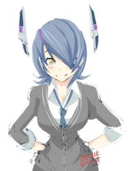 Rule 34 | 10s, 1girl, 2015, 4suke, blush, cardigan, dated, eyepatch, grin, hands on own hips, headgear, kantai collection, looking at viewer, necktie, purple hair, purple necktie, short hair, simple background, smile, solo, tenryuu (kancolle), twitter username, white background, yellow eyes