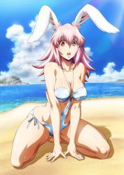 Rule 34 | 10s, 1girl, all fours, animal ears, arm support, barefoot, beach, breasts, collarbone, covered erect nipples, day, full body, inaba ui, killing bites, large breasts, long hair, looking at viewer, o-ring, o-ring swimsuit, ocean, official art, open mouth, outdoors, pink hair, polka dot, polka dot swimsuit, rabbit ears, red eyes, solo, swimsuit, teeth, upper teeth only, watanabe kazuo, water, wet