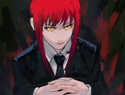 Rule 34 | 1girl, blazer, business suit, chainsaw man, formal, highres, jacket, looking at viewer, makima (chainsaw man), mrbadartist, own hands together, red hair, simple background, suit, yellow eyes