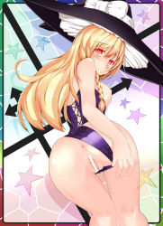 Rule 34 | 1girl, alternate costume, anus, ass, blonde hair, bow, braid, breasts, breasts out, censored, corset, female focus, hat, hat bow, kirisame marisa, long hair, looking back, nipples, pussy, solo, takiteru, touhou, witch hat, yellow eyes