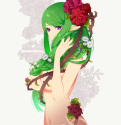 Rule 34 | 1girl, artist name, breasts, cleavage, dryad (terraria), flower, flower on head, green hair, large breasts, looking at viewer, navel, pointy ears, purple eyes, rose, solo, terraria, thorns, underboob