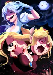 Rule 34 | &gt; &lt;, 2girls, :d, angry, attack, bad id, bad pixiv id, black dress, black eyes, blonde hair, blush, boo (mario), bowsette, bracelet, breasts, brooch, cleavage, collar, colored eyelashes, colored tongue, danjou yoshikage, dress, gloves, glowing, glowing eyes, hair between eyes, highres, horns, jewelry, light particles, light purple hair, long hair, luigi&#039;s mansion, mario (series), medium breasts, multiple girls, nail polish, new super mario bros. u deluxe, nintendo, open mouth, pointy ears, ponytail, princess king boo, puffy short sleeves, puffy sleeves, purple tongue, red eyes, red nails, saliva, screaming, shaded face, sharp teeth, short sleeves, sidelocks, slit pupils, smile, spiked bracelet, spiked collar, spikes, strapless, strapless dress, super crown, swept bangs, teeth, tongue, tongue out, upper body, white dress, xd