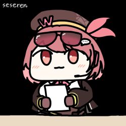 1girl :3 animated animated_gif artist_name beret bow bowtie brown_gloves brown_hat brown_jacket chibi chibi_only chinese_commentary closed_mouth commentary_request eyewear_on_head girls&#039;_frontline girls&#039;_frontline_neural_cloud gloves hair_ornament hat hat_ribbon holding holding_paper jacket lowres open_clothes open_jacket open_mouth paper pink_bow pink_bowtie pink_hair pink_ribbon ribbon seseren shirt short_hair simple_background solo sunglasses talking transparent_background white_shirt willow_(neural_cloud)