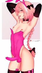 Rule 34 | 1boy, armpits, arms up, astolfo (fate), black bow, black choker, black gloves, black thighhighs, bluefield, blush, bow, braid, bulge, choker, condom, condom wrapper, elbow gloves, erection, erection under clothes, fang, fate/apocrypha, fate/grand order, fate (series), gloves, hair bow, hair intakes, hair ribbon, highleg, highleg leotard, highres, leotard, long braid, long hair, looking at viewer, male focus, multicolored hair, nipples, open mouth, penis, pink hair, pink leotard, purple eyes, remote control vibrator, ribbon, sex toy, single braid, smile, solo, standing, strapless, strapless leotard, streaked hair, thighhighs, tongue, tongue out, trap, very long hair, vibrator, vibrator in thighhighs