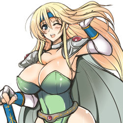Rule 34 | 1990s (style), 1girl, ;d, blonde hair, blue eyes, blush, breasts, cape, celes chere, cleavage, final fantasy, final fantasy vi, gloves, headband, huge breasts, leotard, long hair, looking at viewer, lowres, one eye closed, open mouth, retro artstyle, shiny skin, shoulder pads, simple background, smile, solo, white background, wink, yasakani an
