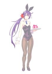 Rule 34 | 1girl, akebono (kancolle), alternate costume, animal ears, bare shoulders, bell, blue necktie, blush, box, breasts, covered navel, detached collar, expressionless, fake animal ears, flower, gift, gift box, gluteal fold, hair bell, hair between eyes, hair flower, hair ornament, highres, kantai collection, leotard, long hair, necktie, pantyhose, playboy bunny, ponytail, purple eyes, purple hair, rabbit ears, small breasts, solo, thighs, tray, very long hair, white background, wrist cuffs, yuuji (and)