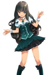 Rule 34 | 1girl, :d, bad id, bad twitter id, black hair, blue eyes, boots, curly hair, detached collar, goshiki suzu, kurosu aroma, long hair, open mouth, pleated skirt, pretty series, pripara, simple background, skirt, smile, solo, white background