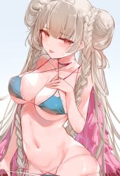 Rule 34 | 1girl, 7gao, azur lane, bikini, blue bikini, blunt bangs, braid, breasts, brown hair, clothes pull, collarbone, double bun, formidable (azur lane), formidable (the lady of the beach) (azur lane), groin, hair bun, highres, large breasts, long hair, looking to the side, navel, official alternate costume, pulling own clothes, red eyes, solo, swimsuit, tongue, tongue out, twin braids