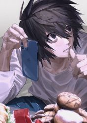 Rule 34 | 1boy, absurdres, black eyes, blue pants, cellphone, collarbone, death note, food, grin, hair between eyes, highres, holding, holding phone, l (death note), long sleeves, looking to the side, male focus, ossan zabi 190, pants, phone, shirt, signature, smartphone, smile, solo, squatting, white shirt