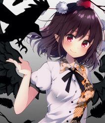 Rule 34 | 1girl, animal, bad id, bad twitter id, bare arms, bird, black bow, black bowtie, black feathers, black wings, bow, bowtie, breasts, closed mouth, collared shirt, crow, feathered wings, feathers, floral print, gradient background, hat, koto seori, medium breasts, pink eyes, pointy ears, pom pom (clothes), puffy short sleeves, puffy sleeves, purple hair, red hat, shameimaru aya, shirt, short hair, short sleeves, smile, solo, tareme, tengi, tengu, tokin hat, touhou, upper body, wing collar, wings