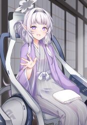 Rule 34 | 1girl, black hairband, blue archive, blurry, blurry background, commentary request, depth of field, grey hair, grey kimono, hairband, halo, himari (blue archive), japanese clothes, kimono, long hair, long sleeves, mashiro aa, open clothes, pointy ears, purple eyes, sitting, solo, striped clothes, striped kimono, vertical-striped clothes, vertical-striped kimono, wheelchair, wide sleeves
