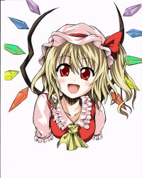 Rule 34 | 1girl, absurdres, blonde hair, blouse, female focus, flandre scarlet, hat, highres, hirayama-h, mob cap, ponytail, red eyes, shirt, solo, touhou, upper body, white hat, white shirt