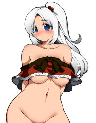 Rule 34 | 1girl, bad id, bad pixiv id, blue eyes, blush, breasts, capelet, caplet, female focus, fuantei, groin, hair bobbles, hair ornament, large breasts, long hair, looking at viewer, mystic square, navel, nude, shinki (touhou), side ponytail, silver hair, simple background, solo, touhou, touhou (pc-98), underboob