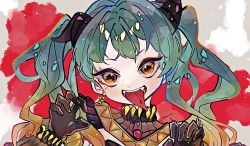 Rule 34 | 1girl, absurdres, black gloves, claw pose, commentary, earrings, fangs, gloves, gradient hair, green hair, hatsune miku, highres, horns, jewelry, multicolored hair, orange eyes, orange hair, portrait, red background, salamander (vocaloid), solo, tanarei, teeth, tongue, tongue out, twintails, upper teeth only, vocaloid