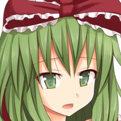 Rule 34 | 1girl, bow, commentary request, gin&#039;you haru, green eyes, green hair, hair bow, kagiyama hina, looking at viewer, open mouth, portrait, profile picture, red bow, simple background, solo, touhou, upper body, white background