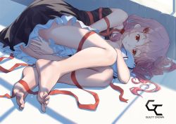 Rule 34 | 1girl, bare legs, bare shoulders, barefoot, black dress, dress, duoyu zhuan qing, expressionless, feet, guilty crown, hair ornament, hairclip, lying, on side, pink hair, red eyes, ribbon, short hair, solo, toes, yuzuriha inori