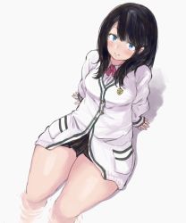 Rule 34 | 1girl, arm support, bad id, bad pixiv id, black hair, black skirt, blue eyes, bow, bowtie, breasts, buttons, closed mouth, from above, gridman universe, highres, long hair, long sleeves, looking at viewer, medium breasts, megame (okbnkn), miniskirt, pink bow, pink bowtie, pleated skirt, shadow, simple background, skirt, smile, solo, ssss.gridman, swept bangs, takarada rikka, thick thighs, thighs, white background, wide hips