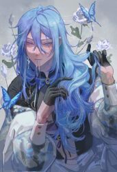 Rule 34 | 1boy, ahoge, antenna hair, blue eyes, blue hair, bow, bowtie, brooch, bug, butterfly, chenyao4444444, earrings, edmond (nu carnival), flower, gloves, hair between eyes, highres, insect, jewelry, long hair, looking to the side, male focus, mouth hold, nu carnival, ribbon, ribbon in mouth, short gloves, upper body, very long hair, white background
