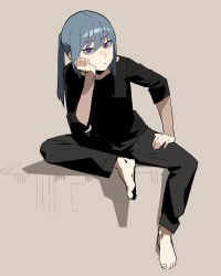 Rule 34 | 1girl, barefoot, black pants, black shirt, blue hair, closed mouth, full body, gogalking, hand on own thigh, hand on thigh, head rest, highres, looking at viewer, original, pants, ponytail, purple eyes, shirt, simple background, sitting, solo