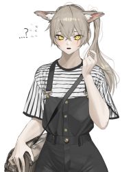 Rule 34 | 1girl, absurdres, animal ear fluff, animal ears, bag, blush, brown hair, fox ears, girls&#039; frontline, hair between eyes, hand up, highres, long hair, norunollu, open mouth, shirt, short sleeves, shoulder bag, side ponytail, simple background, solo, striped clothes, striped shirt, ump45 (girls&#039; frontline), white background, yellow eyes