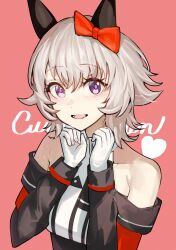 Rule 34 | 1girl, animal ears, bare shoulders, bow, commentary, curren chan (umamusume), ear bow, ear covers, gloves, grey hair, horse ears, horse girl, looking at viewer, red background, red bow, revision, short hair, simple background, solo, solokitsune, umamusume, white gloves