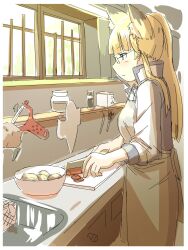 Rule 34 | 1girl, animal ear fluff, animal ears, apron, blonde hair, blue eyes, blush, bowl, brown apron, closed mouth, commentary request, cooking, cutting board, fox ears, fox girl, glasses, highres, holding, holding knife, indoors, jacket, knife, kuro kosyou, long hair, long sleeves, original, peeler, ponytail, puffy long sleeves, puffy sleeves, shelf, shikigami, sidelocks, sink, solo, white jacket, window