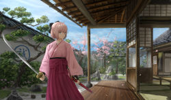 Rule 34 | 1girl, ahoge, architecture, black bow, blonde hair, bow, cherry blossoms, closed mouth, commentary request, day, east asian architecture, fate (series), garden, grey eyes, hair bow, hakama, hakama skirt, high-waist skirt, highres, holding, holding sword, holding weapon, japanese clothes, k ryo, katana, kimono, koha-ace, okita souji (fate), okita souji (koha-ace), pink kimono, pleated skirt, purple skirt, scabbard, sheath, skirt, sky, solo, sword, tree, wall, weapon