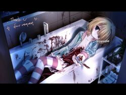 Rule 34 | 1girl, absurdres, bathtub, blonde hair, blood, blood on hands, blood on wall, boxcutter, closed mouth, commission, disembowelment, entrails, guro, hair over one eye, hajang68, highres, holding, holding boxcutter, indoors, letterboxed, light smile, long sleeves, looking at viewer, lying, miniskirt, on back, open clothes, open shirt, organs, original, purple eyes, short hair, skirt, solo, striped clothes, striped thighhighs, suicide, thighhighs, twitter username, watermark, white skirt