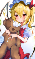 Rule 34 | 1girl, absurdres, blonde hair, cowboy shot, crystal wings, dress, flandre scarlet, hair ribbon, hat, highres, kaminose (user veum4325), mob cap, pout, red dress, red eyes, red ribbon, ribbon, side ponytail, simple background, solo, stuffed animal, stuffed toy, teddy bear, touhou, white background, wings