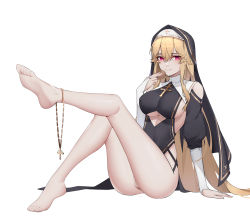 Rule 34 | 1girl, alternate costume, azur lane, bare legs, barefoot, blonde hair, blush, breasts, chinese commentary, closed mouth, cross, cross necklace, feet, full body, gloves, hand on floor, highres, holding, jewelry, large breasts, leg up, legs, lips, long hair, looking at viewer, necklace, nun, on floor, partially fingerless gloves, purple eyes, richelieu (azur lane), sidelocks, soles, solo, thighs, toes, underboob, very long hair, white background, white gloves, wsfw