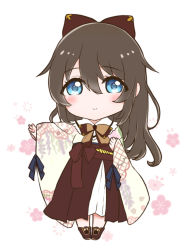 Rule 34 | 1girl, aqua eyes, artist name, artist request, bare legs, blue bow, blue eyes, blush, boots, bow, bowtie, breasts, brown bow, brown footwear, brown hair, brown hakama, chibi, clenched hand, female focus, floral print, flower print, full body, hair between eyes, hair bow, hakama, half updo, high ponytail, japanese clothes, kimono, kimono skirt, long hair, looking at viewer, love live!, love live! nijigasaki high school idol club, miniskirt, osaka shizuku, outstretched arm, parted lips, plaid, plaid kimono, plaid skirt, pleated, pleated skirt, ponytail, skirt, smile, solo, standing, white background, white kimono, wide sleeves