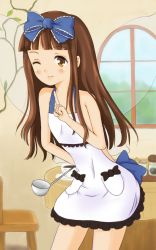 Rule 34 | 1girl, apron, bare arms, bare shoulders, blush, bow, brown hair, chair, chomukin, cup, fairy wings, female focus, flat chest, hair bow, hand on own hip, index finger raised, indoors, ladle, leaf, leaning forward, long hair, looking at viewer, naked apron, one eye closed, orange eyes, plant, sidelocks, smile, solo, star sapphire, table, teacup, touhou, vines, window, wings, wink