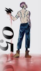Rule 34 | 1boy, arm tattoo, back tattoo, bare arms, bare back, bare shoulders, bikkusama, blood, censored, denim, extra eyes, facial tattoo, fang, forehead tattoo, guro, highres, jeans, jujutsu kaisen, looking back, neck tattoo, open mouth, pale skin, pants, pink hair, profile, red eyes, ryoumen sukuna (jujutsu kaisen), short hair, shoulder tattoo, solo, standing, tattoo, teeth, toned, tongue, tongue out, topless male, undercut, white background, wrist tattoo
