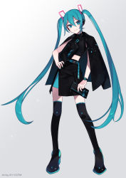Rule 34 | 1girl, black footwear, black jacket, black shirt, black skirt, black thighhighs, blue eyes, blue hair, blue nails, boots, closed mouth, commentary request, crop top, full body, gradient background, grey background, hair between eyes, hand on own hip, hatsune miku, hatsune miku (vocaloid4), headphones, highres, holding, jacket, jacket on shoulders, looking at viewer, midriff, nail polish, nou (nounknown), shirt, skirt, sleeveless, sleeveless shirt, smile, solo, standing, thigh boots, thighhighs, vocaloid, white background