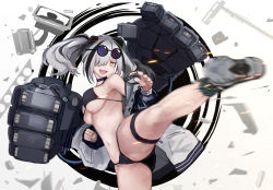 Rule 34 | 1girl, :d, arknights, ass, bikini, black bikini, black hair, cameltoe, choker, clenched hand, fang, feater (arknights), grey hair, hair over one eye, highres, jacket, kicking, mechanical hands, navel, off shoulder, open mouth, smile, solo, swimsuit, thigh strap, timitarcat, twintails, yellow eyes
