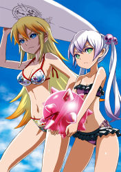 Rule 34 | &gt;:), 2girls, age difference, animal print, arm up, ball, bandeau, beachball, bikini, blonde hair, blue eyes, blue sky, breasts, child, cleavage, cloud, day, expressionless, eyeshadow, flat chest, frilled bikini, frills, from side, gradient hair, green eyes, hair between eyes, hair ornament, hand on own hip, heart, heart print, holding, holding ball, inflatable toy, katouken (ktn-works), long hair, looking at viewer, makeup, medium breasts, multicolored hair, multiple girls, navel, orange hair, original, outdoors, polka dot, print bikini, purple hair, side-tie bikini bottom, sidelocks, silver hair, skull hair ornament, sky, smile, spikes, standing, star (symbol), star print, surfboard, swimsuit, tan, tanline, transparent, twintails, v-shaped eyebrows, very long hair
