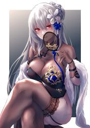 Rule 34 | 1girl, absurdres, artist name, azur lane, black thighhighs, blush, breasts, china dress, chinese clothes, cleavage, crossed legs, dress, feather boa, flower, garter straps, gloves, grey hair, hair flower, hair ornament, hand fan, highres, holding, holding fan, huge filesize, kurono hyouka, large breasts, long hair, looking at viewer, mole, mole under eye, official alternate costume, red eyes, saint-louis (alluring administrator) (azur lane), saint-louis (azur lane), see-through, see-through cleavage, simple background, solo, thighhighs