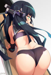 Rule 34 | 1girl, all fours, ass, azur lane, back, bare shoulders, bikini, black bikini, black hair, elbow gloves, fingerless gloves, from above, from behind, gloves, green eyes, hair ornament, headgear, i-58 (azur lane), long hair, looking to the side, sailor collar, scrunchie, solo, strapless, supershiruco, swimsuit, tube top, twintails, very long hair