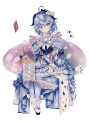 Rule 34 | 1girl, ahoge, alice in wonderland, alternate costume, animal, animal on lap, ascot, bell, black bow, blue dress, blue pantyhose, blush, bow, card, closed mouth, clothing cutout, commentary request, dress, flower, frilled ascot, frilled dress, frills, full body, ganyu (genshin impact), genshin impact, goat horns, hair bell, hair flower, hair ornament, highres, horns, invisible chair, itogawa mio, joker (playing card), lolita fashion, long sleeves, looking at viewer, medium hair, obi, on lap, pantyhose, platform footwear, playing card, playing card print, rabbit, red eyes, sash, shoes, shoulder cutout, sidelocks, signature, sitting, sleeves past fingers, sleeves past wrists, smile, solo, striped clothes, striped pantyhose, three of diamonds, two-tone dress, two of clubs, vision (genshin impact), white ascot, white background, white dress, white footwear