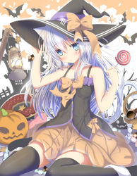 Rule 34 | 1girl, alternate costume, aruka (alka p1), black thighhighs, blue eyes, candy, commentary request, food, hair between eyes, halloween costume, hat, hibiki (kancolle), holding, holding food, jack-o&#039;-lantern, kantai collection, lollipop, long hair, orange ribbon, orange skirt, pleated skirt, pumpkin, ribbon, silver hair, skirt, solo, thighhighs, verniy (kancolle), witch hat