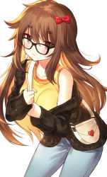 Rule 34 | 1girl, bad id, bad pixiv id, bag, bare shoulders, black-framed eyewear, black jacket, bow, breasts, brown eyes, brown hair, closed mouth, collarbone, cowboy shot, fate (series), ganesha (fate), glasses, hair bow, jacket, jinako carigiri, kh (kh 1128), leaning forward, long hair, long sleeves, looking at viewer, medium breasts, off shoulder, open clothes, open jacket, pants, red bow, shirt, shoulder bag, simple background, smile, solo, standing, tank top, white background, yellow shirt