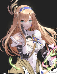 Rule 34 | 1girl, armor, black background, black gloves, breasts, cleavage, closed mouth, covered navel, dress, earrings, elbow gloves, enyo (granblue fantasy), gloves, granblue fantasy, green eyes, hair ornament, hairband, hand on own cheek, hand on own face, hand up, highres, jewelry, light brown hair, long hair, looking at viewer, nakonbu, shoulder armor, sidelocks, sleeveless, sleeveless dress, small breasts, smile, solo, upper body, vambraces, white dress