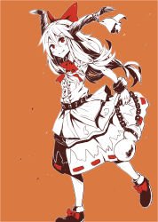 Rule 34 | 1girl, absurdres, belt, bow, chain, fang, female focus, gourd, hair bow, highres, horn ornament, horn ribbon, horns, ibuki suika, long hair, monochrome, orange background, red eyes, ribbon, simple background, skirt, solo, spot color, the maa, touhou, very long hair