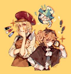 Rule 34 | 1boy, 2girls, apron, ascot, blonde hair, brown apron, brown capelet, brown eyes, brown hair, brown hat, butter pretzel cookie, capelet, cheese, closed eyes, cookie run, food, food-themed hat, hand up, hat, holding, holding map, humanization, long hair, long sleeves, looking at viewer, map, monocle, multiple girls, open mouth, roguefort cookie, sapphire (nine), shirt, side ponytail, sidelocks, simple background, smile, top hat, very long hair, walnut cookie, white ascot, white hat, white shirt, yellow background