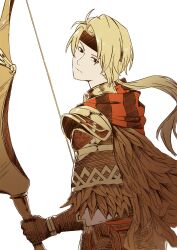Rule 34 | 1boy, aduti momoyama, armor, black eyes, blonde hair, bow (weapon), brown feathers, brown gloves, closed mouth, feather trim, feathers, fire emblem, fire emblem: mystery of the emblem, fire emblem heroes, floating hair, gloves, headband, highres, holding, holding bow (weapon), holding weapon, jeorge (fire emblem), long hair, looking at viewer, male focus, nintendo, red headband, scarf, shaft look, shoulder armor, single hair intake, smile, solo, striped clothes, striped scarf, weapon