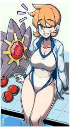 Rule 34 | 1girl, arm support, blue eyes, blush, breasts, commentary, competition swimsuit, creatures (company), game freak, gen 1 pokemon, highres, jacket, large breasts, long sleeves, looking at viewer, masgamjya, misty (pokemon), nintendo, one-piece swimsuit, one eye closed, open clothes, open jacket, orange hair, partially submerged, poke ball, poke ball (basic), pokemon, pokemon (creature), pokemon hgss, pool, poolside, short hair, sitting, smile, soaking feet, starmie, swimsuit, thighs, water, wink