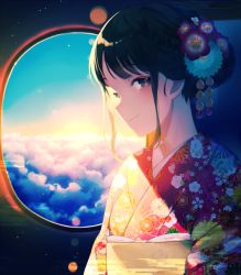 Rule 34 | 1girl, achiki, airplane interior, black hair, blue sky, blush, brown eyes, closed mouth, cloud, commentary request, floral print, japanese clothes, kimono, looking at viewer, obi, original, print kimono, red kimono, round window, sash, sidelocks, sky, smile, solo, sunset, upper body, window