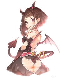 Rule 34 | 10s, 1girl, :o, ass, ass cutout, backless dress, backless outfit, bare shoulders, bat wings, black dress, black wings, blush, boku no hero academia, breasts, brown eyes, brown hair, clothing cutout, demon girl, demon horns, demon tail, detached sleeves, dress, earrings, fingernails, from behind, halloween costume, hand on own shoulder, head tilt, heart, heart-shaped pupils, heart earrings, heart print, highres, horns, jewelry, looking at viewer, looking back, medium breasts, medium hair, nail polish, print dress, red nails, ryota (ry o ta), sharp fingernails, shiny skin, sidelocks, signature, simple background, solo, standing, strapless, strapless dress, swept bangs, symbol-shaped pupils, tail, tail ornament, tail ring, uraraka ochako, white background, wings